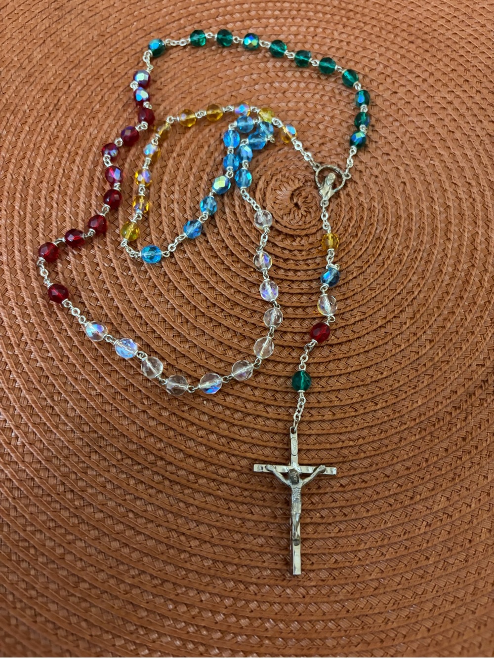 Multicolor Crystal Rosary Necklace with Silver Cross